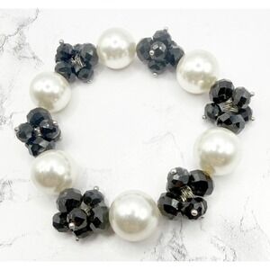 Chunky Pearl & Black Faceted Glass Bead Stretch Bracelet 16mm Statement